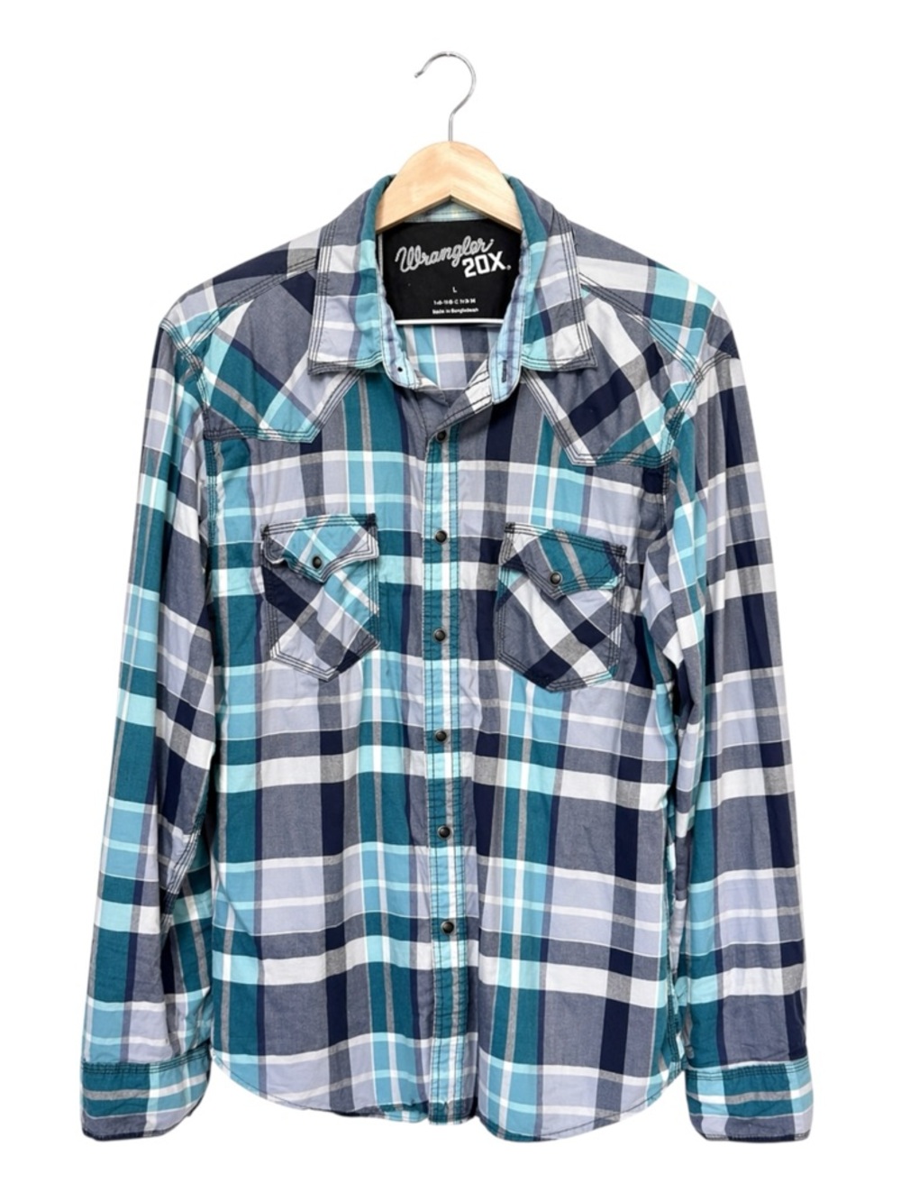 Wrangler Men's Teal and Gray Plaid Button Down Shirt Large Western‎ Casual